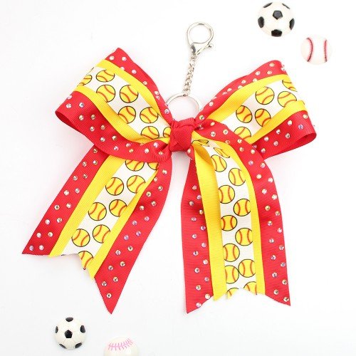 Glitter Cheerleading Hair Bow Keyring with Rhinestone Football Basketball Baseball Cheer Keychain Sporty Bag Boutique Decoration
