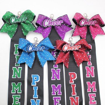 Cheer Pin Me Bow with Rhinestones Cheer Clothes Pins Competition Cheer Glitter Ribbon Keychain Cheer Gift