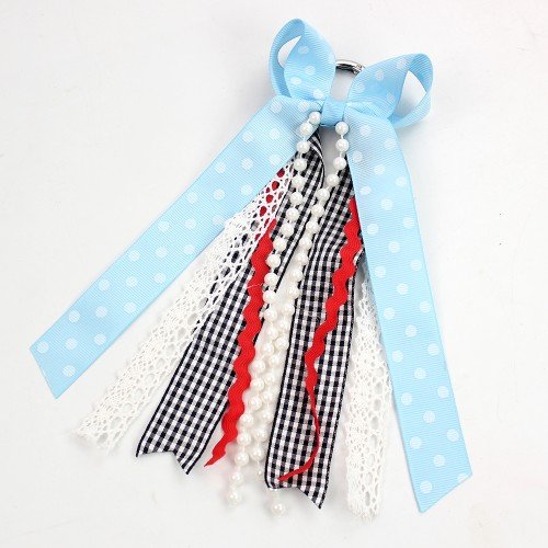 Pearl Fringe Boot Bow Girls Gingham Long Streamer Pearl Tassel Boot Charm with Pearl Ribbon Bow Hanging Ornament