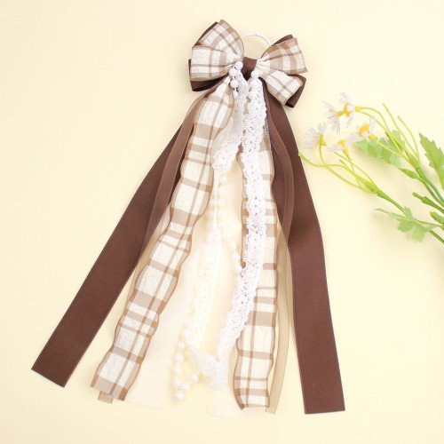 Western Cowgirl Plaid Gingham Pearl Lace Ribbon Bow for Girls Lace Long Streamer Bow Western Cowboy Boot Decor