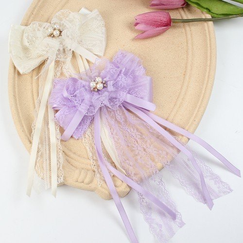 Lace Big Streamer Stain Hair Bows Girls Beautiful Hair Bows with Pearl Kids Boutique Hair Accessories