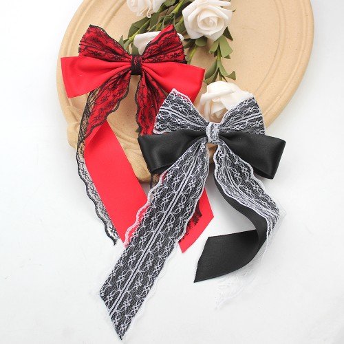 Silky Satin Lace Hair Clips Girls Polyester Long Tail Sailor Hair Bow Clip with Lace Details Girls Hair Bow Accessories