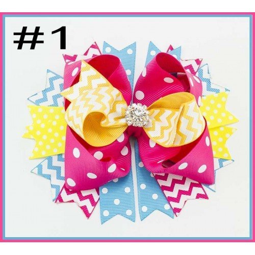 Colorful Multi-Layer Boutique Bow with Polka Dots and Chevron Patterns Colorful Multi-Layer Boutique Bow with Polka Dots and Chevron Patterns