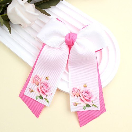 Spring Summer Rose Flower Long Sailor Hair Bow Clips Rose Inspired Floral Hair Bow for Toddler Kids Hair Accessories