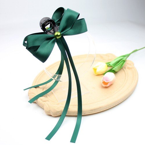 Women Solid Color Satin Hair Bow Clip Claw Girls Gorgeous Hair Claw with Pearl Girls Hair Bow Accessories