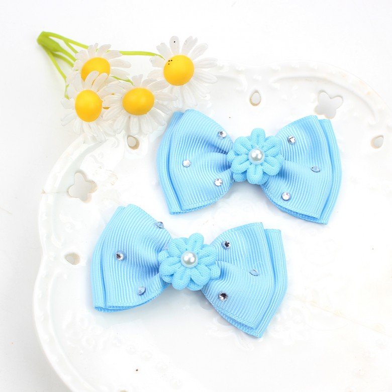 Girls Sparkly Small Rhinestone Glower Hair Bow Clip Double Layered Solid Color Grosgrain Ribbon Pearl Hair Bow Accessories