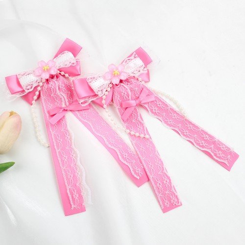 Lolita Cherry Blossom Hair Bow Clips Japanese Lolita Kawaii Lace Long Tail Hair Bow with Cherry Blossom for Cosplay Lolita Cherry Blossom Hair Bow Clips Japanese Lolita Kawaii Lace Long Tail Hair Bow with Cherry Blossom for Cosplay