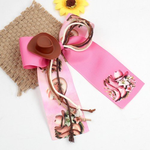 Western Cowgirl Cheer Bow Large Ribbon Hair Clip with Mini Cowboy Hat Paisley Western Long Tail Bow Kids Hair Accessories