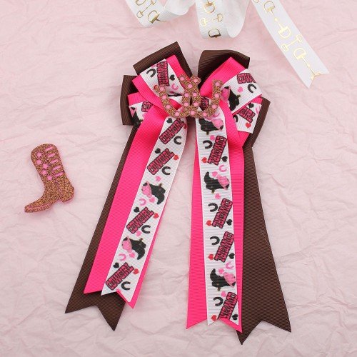 Horse Show Long Tail Sailor Bows with Glitter Boots Hair Bows Western Cowgirl Printed Ribbon Hair Clip Girls Hair Accessories