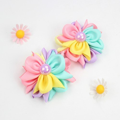 Best Quality 4th of July Patriotic Kanzashi Spring Flower Hair Bow Clips Independence Day Hair Clips Kids Rainbow Accessories