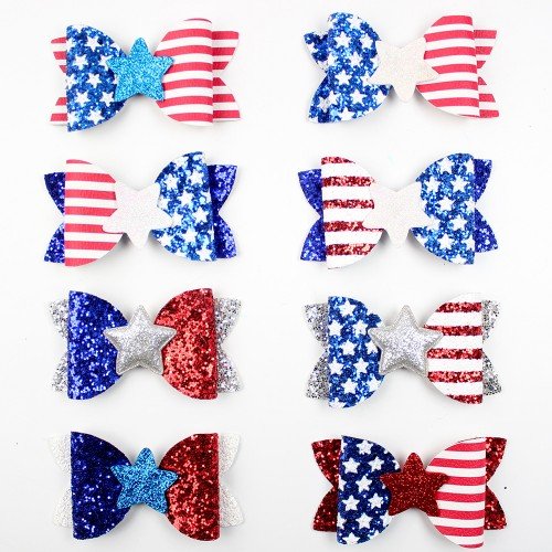 3.5inch 4th of July Patriotic Hair Bows Clip Independence Day Festival Glitter Leather Hair Clip Kids Girls Hair Accessories