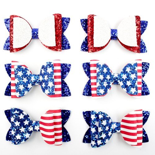 3.5inch 4th of July Patriotic Hair Bows Clip Independence Day Festival Glitter Leather Hair Clip Kids Girls Hair Accessories