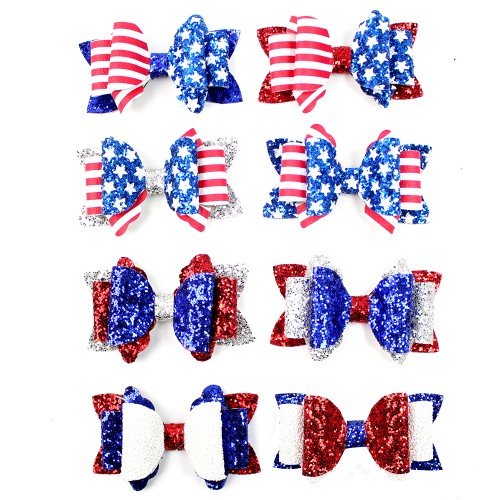 3.5inch 4th of July Patriotic Hair Bows Clip Independence Day Festival Glitter Leather Hair Clip Kids Girls Hair Accessories