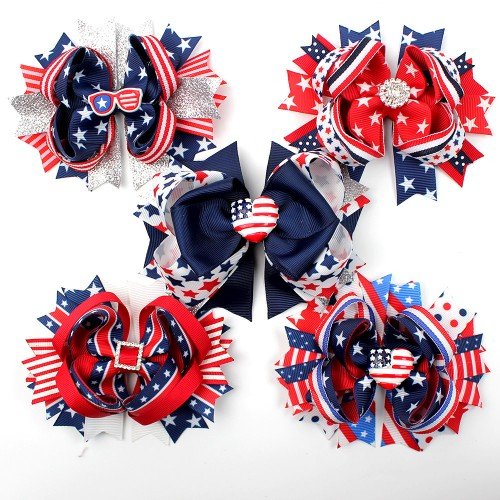 All American Girl Hair Bows Rhinestones Red Blue Hair Bows Bottle Cap 4th of July Hair Accessories