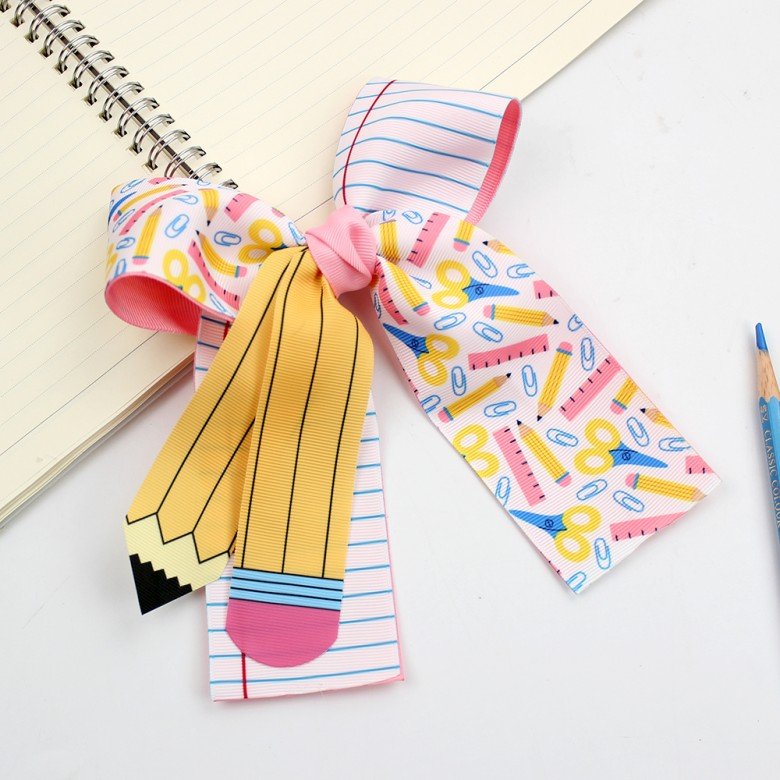 Back to School Stacked Hair Bow with Long Tails for Girls, Cute Pencil & School Supplies Printed Ribbon Bow Clips Back to School Stacked Hair Bow with Long Tails for Girls, Cute Pencil & School Supplies Printed Ribbon Bow Clips