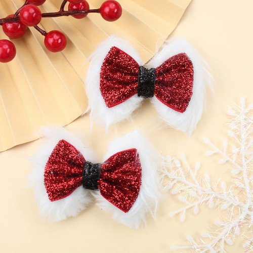 2pcs/pair Winter Furry Hair Bows Clips Girls Christmas Glitter Velvet Furry Hair Clips Kids Happy New Year Hair Bow Accessories