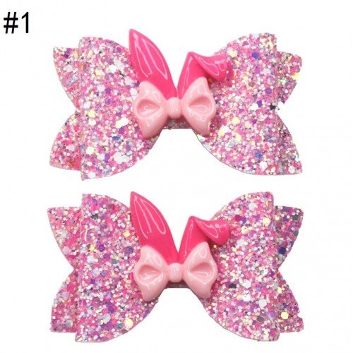3.5'' Glitter rabbit hair bows easter inspired leather clip for girl toddle hair accessories