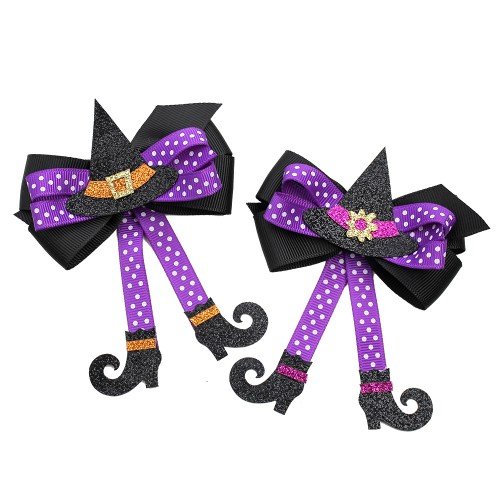 2pcs/set Halloween Witch Hair Bows Fall Halloween Glitter Witch Hat Hair Bow Clip Polka Dot Bows with Witch Hat Kids Hair Accessories