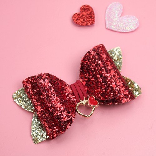 Valentine Day Glitter Hair Bows Clips Red Heart Glitter Leather Hair Clip Kids Hair Bow Accessories