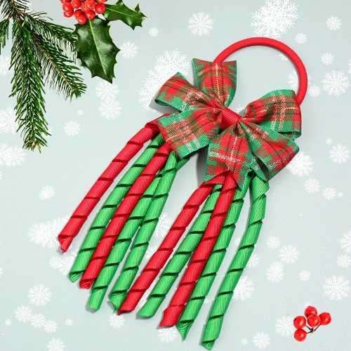 Christmas Plaid Cheer Bow Hair Ties ，Classic Xmas Checkered Large Bows with Long Ribbon Tails
