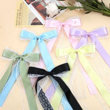 Girls Lace Tassel Hair Bows Clips Satin Grosgrain Solid Color Long Streamer Hair Clip Kids Hair Bow Accessories