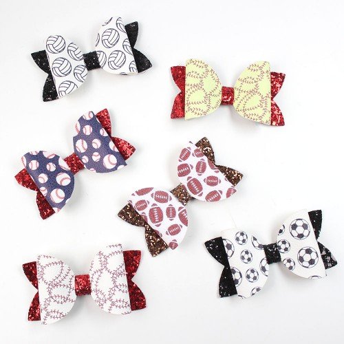 sport Glitter Leather Hair Bow Clips, Sport Softball Hair clips